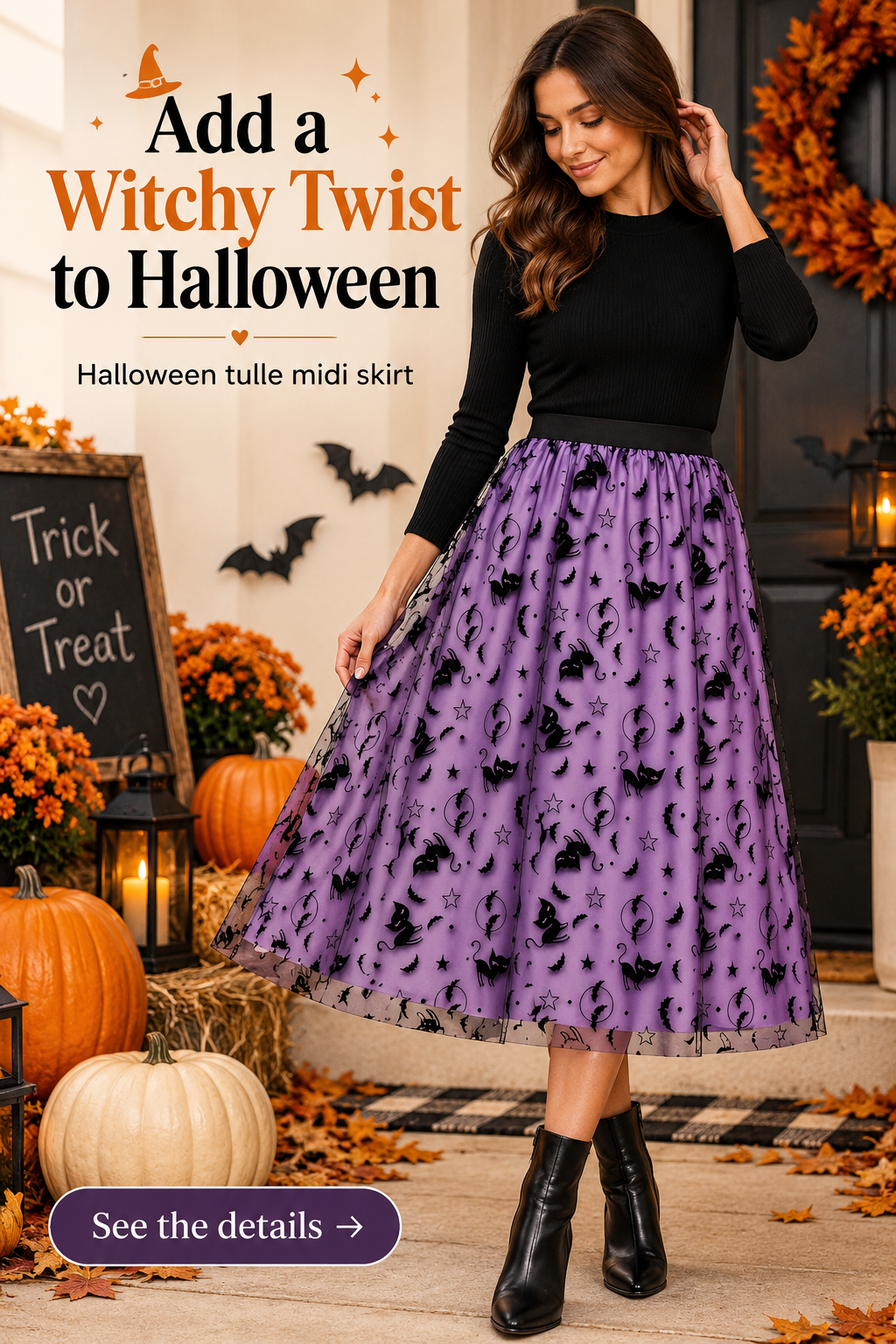Purple Halloween tulle midi skirt styled with a black top on an autumn porch, with headline Add a Witchy Twist to Halloween.
