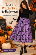 Purple Halloween tulle midi skirt styled with a black top on an autumn porch, with headline Add a Witchy Twist to Halloween.