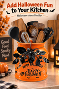 Orange Halloween utensil holder with kitchen tools on a festive counter beneath the headline Add Halloween Fun to Your Kitchen.