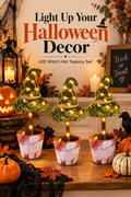 Three illuminated witch-hat topiary decorations in pots styled with pumpkins and candles, with the headline Light Up Your Halloween Decor.
