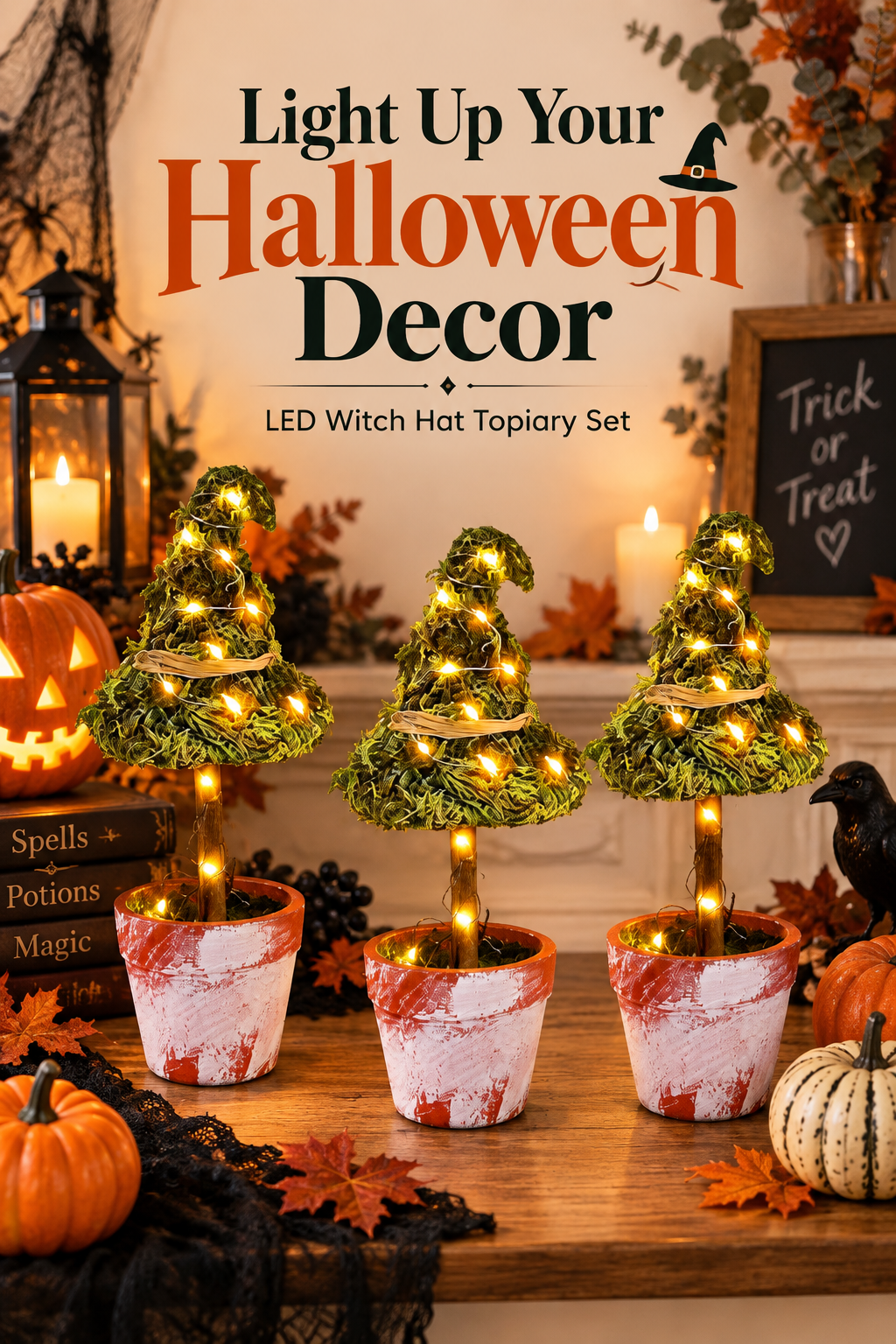Three illuminated witch-hat topiary decorations in pots styled with pumpkins and candles, with the headline Light Up Your Halloween Decor.