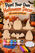 Six unfinished Halloween wood cutouts with paints and brushes in a fall setting, with the headline Paint Your Own Halloween Decor.