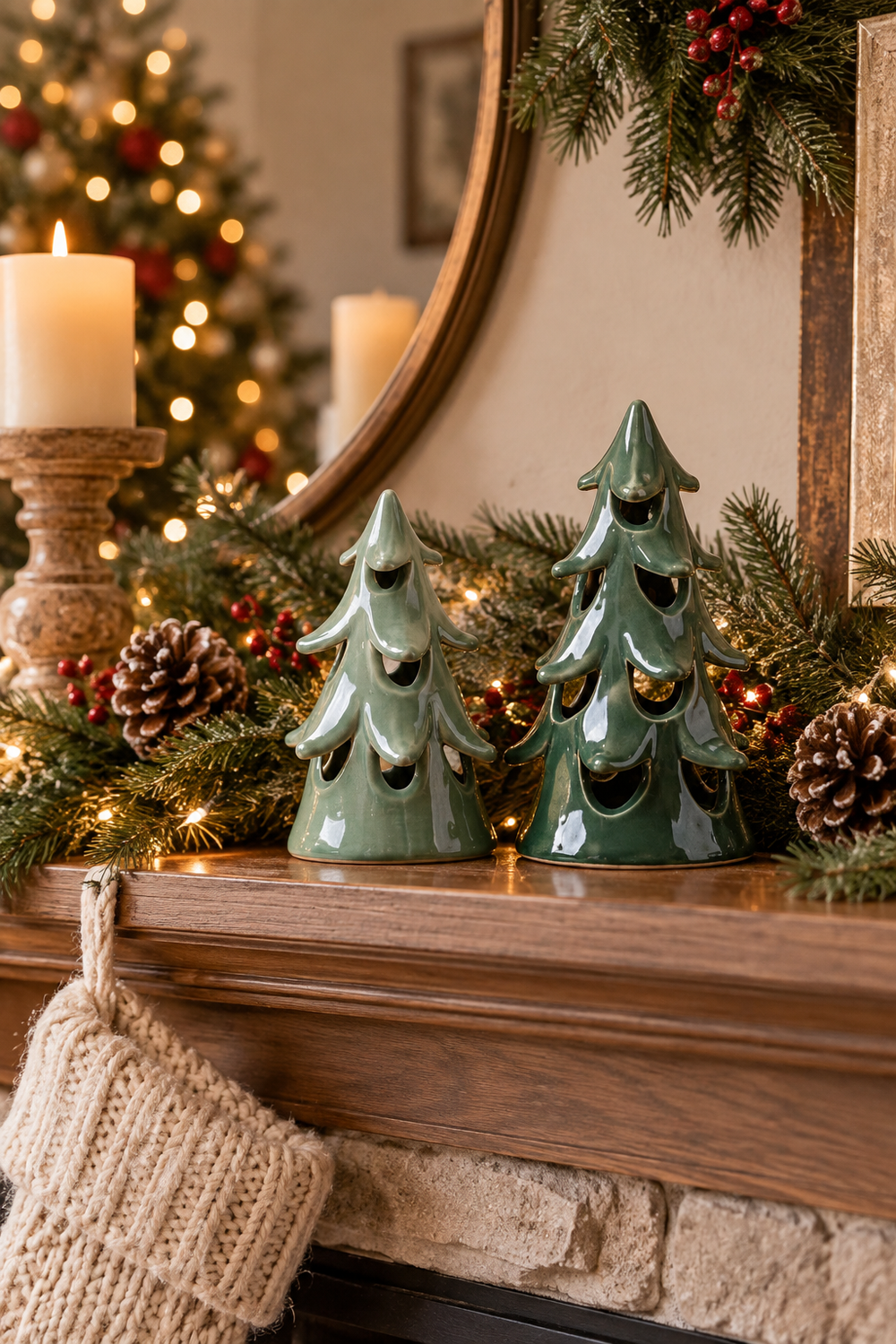 Two glossy green ceramic Christmas tree figurines, one light sage and one deeper forest green, sit side by side on a wooden mantel. Evergreen garland, pinecones, red berries, warm string lights, pillar candles, a round framed mirror, a softly blurred Christmas tree, and a cream knit stocking create a cozy holiday setting. The figurines have layered branch shapes and dark decorative cutouts, while warm ambient lighting keeps both trees clearly visible as a festive focal point.