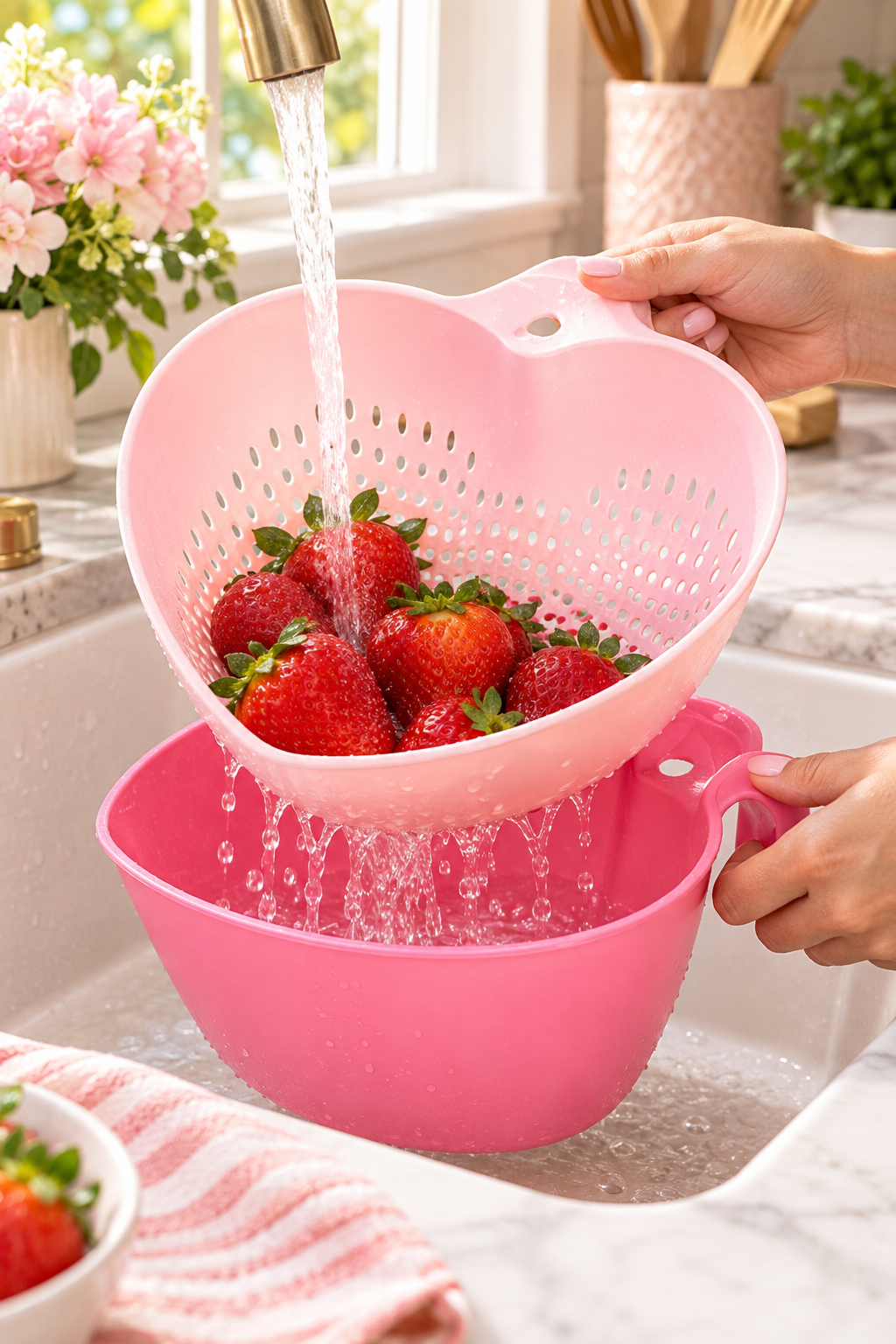 A bright lifestyle kitchen scene shows a pale pink heart-shaped colander held under a running brass-toned faucet, filled with fresh red strawberries as water rinses over the fruit and drains through the perforations. A deeper pink matching bowl sits directly below to catch the water. Hands with pale pink nails hold both pieces over a white sink, with marble counters, pink flowers, greenery, a utensil crock, and a striped pink towel softly blurred in the background.