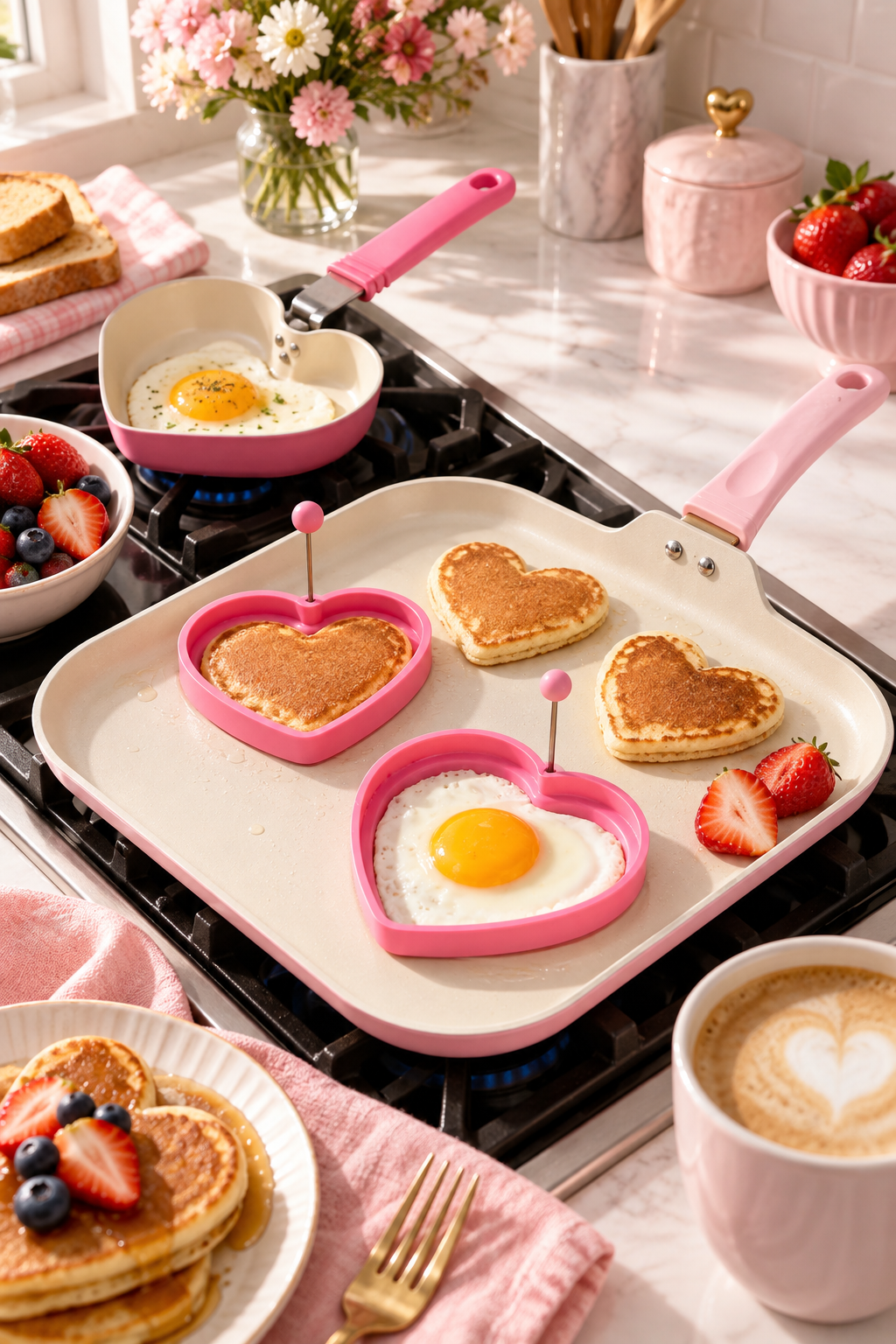 Vertical lifestyle image of a pink-and-cream breakfast cookware set on a stovetop in a bright pastel kitchen. A large square griddle with a pale pink handle holds two pink heart-shaped silicone rings, one around a sunny-side-up egg and one around a pancake, plus two finished heart pancakes and sliced strawberries. A matching heart-shaped mini pan cooks another egg nearby, with berries, toast, flowers, a latte, and pink kitchen accents arranged around the scene.