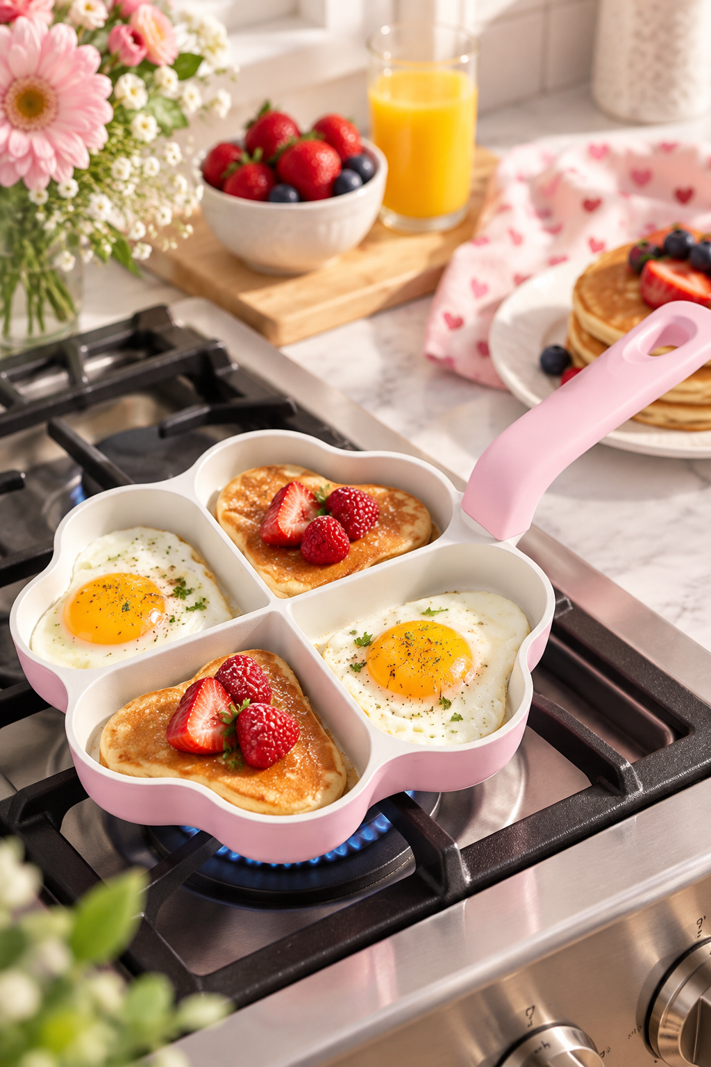 Vertical lifestyle photo of a pastel pink heart-shaped divided frying pan on a gas stovetop in a bright kitchen. The pan has four heart-shaped cooking sections with two sunny-side-up eggs and two small golden pancakes topped with strawberries and raspberries. A bowl of berries, glass of orange juice, pink heart-print cloth, plate of pancakes, and soft pink flowers sit around the stove, creating a warm breakfast and brunch setting. No text appears on the image.