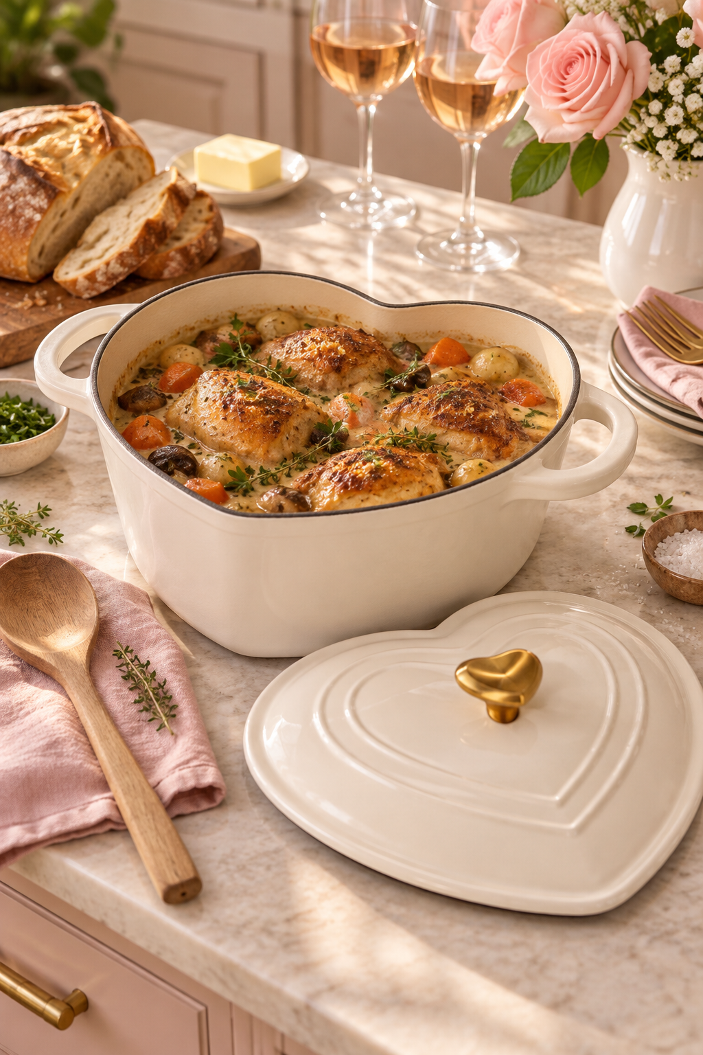 A cream heart-shaped Dutch oven sits open on a pale marble kitchen counter, filled with browned chicken, small potatoes, carrots, mushrooms, herbs, and a creamy sauce. Its matching cream lid with a gold heart-shaped knob rests in front. Nearby are sliced rustic bread, butter, pink linen, a wooden spoon, stacked plates with gold flatware, two glasses of rosé, fresh thyme, salt, and a vase of blush roses, all lit by warm natural light in a soft pink kitchen setting.