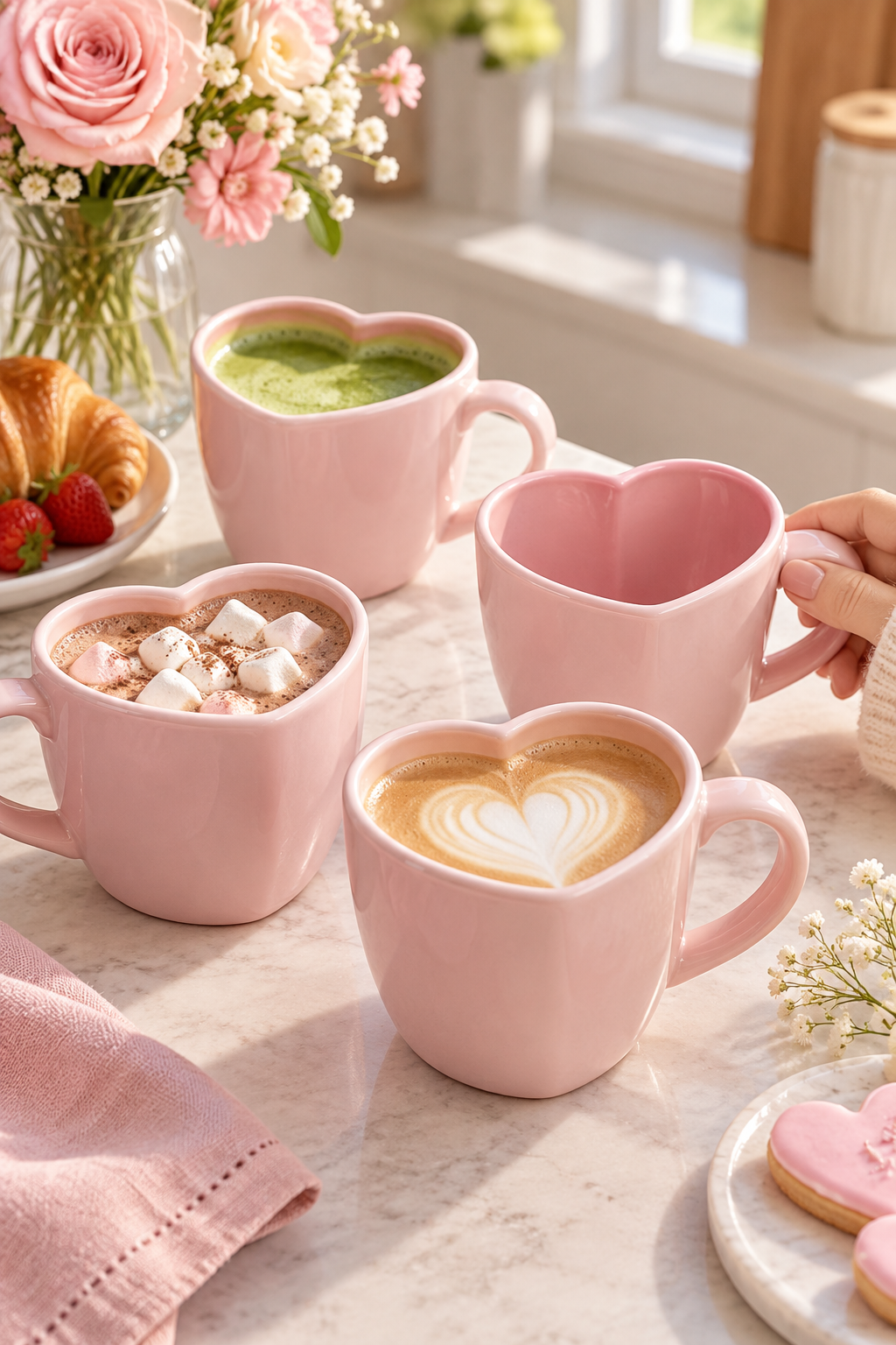 Vertical lifestyle image of four glossy blush-pink heart-shaped mugs arranged on a pale marble kitchen counter in warm natural light. The front mug holds a latte with heart-shaped foam art, another is filled with cocoa and marshmallows, a third contains green matcha, and a fourth empty mug is held by a hand at the right. Pink flowers, a croissant, strawberries, a folded pink napkin, heart-shaped cookies, and a softly blurred white kitchen background complete the cozy scene.