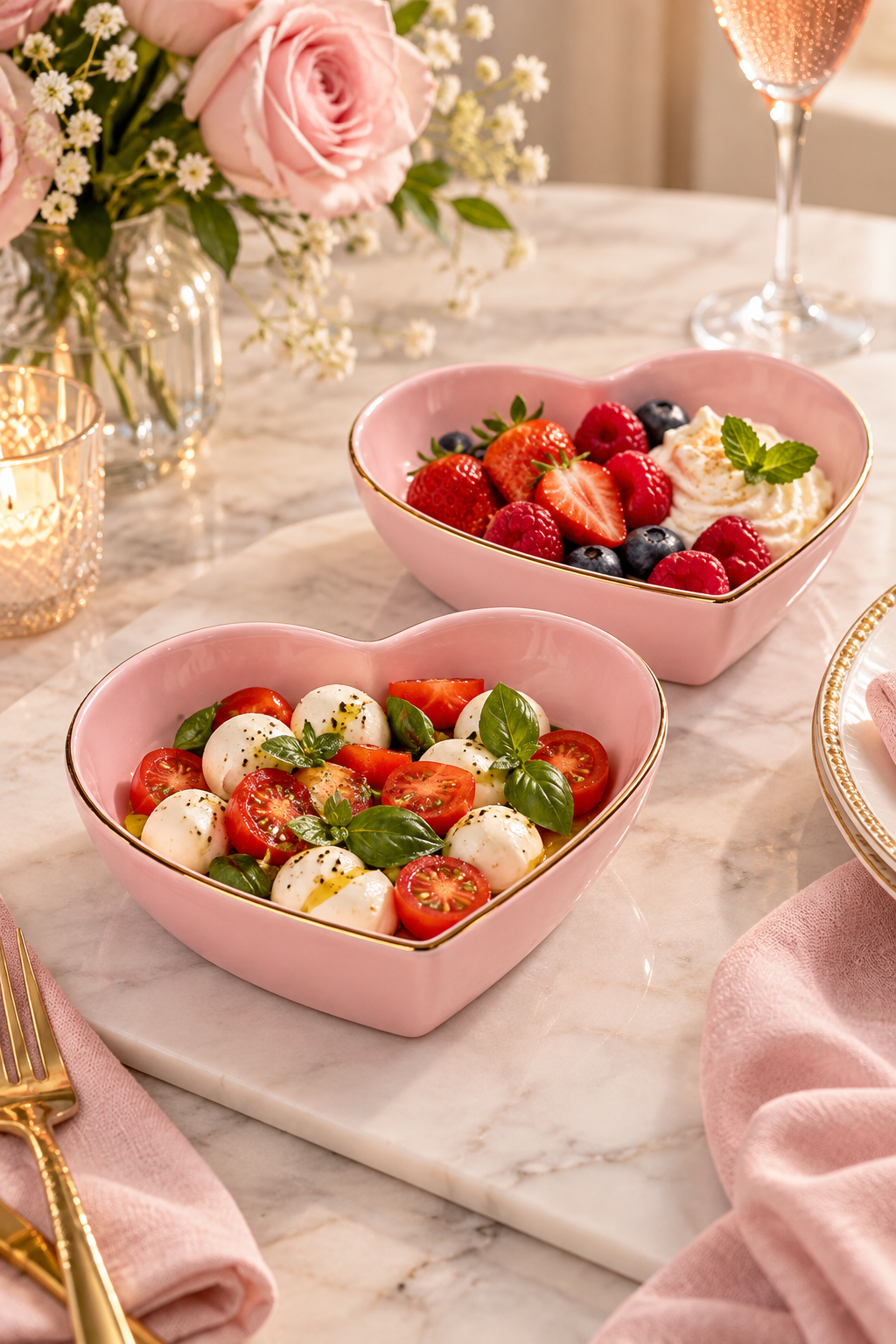 Vertical lifestyle image of two glossy pink heart-shaped serving bowls with thin gold rims on a pale marble tabletop. The front bowl holds cherry tomatoes, mozzarella, basil, olive oil, and pepper; the back bowl contains strawberries, raspberries, blueberries, and a creamy topping with mint. Pink linen napkins, gold flatware, stacked plates, a glowing candle, pale pink roses, baby's breath, and a sparkling pink drink create a softly lit romantic table setting.