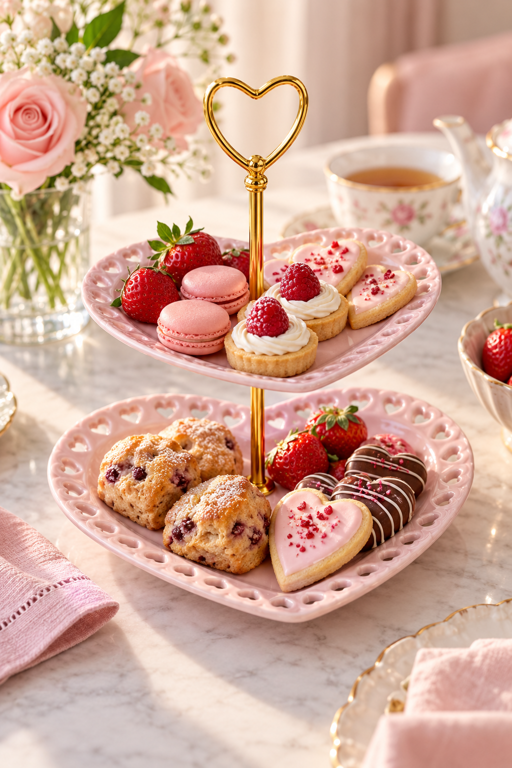 Vertical lifestyle image of a glossy pink ceramic two-tier heart-shaped serving tray on a pale marble table. The stand has scalloped heart cutouts around both plate rims, a gold center post, and heart-shaped gold handle. The tiers hold strawberries, pink macarons, raspberry tartlets, iced heart cookies, berry scones, and chocolate-dipped treats. Pink roses, baby’s breath, floral teacups, a teapot, folded pink linens, and warm window light create a romantic tea-party setting.