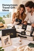 Vertical lifestyle photo with the headline “Honeymoon Travel Gift Ideas” at top left. A smiling couple packs an open suitcase in a bright seaside hotel room. On the bed are coordinated black-and-white “Mr.” and “Mrs.” eye masks, passport covers and luggage tags, plus a black Mr & Mrs gift box, framed beach photo, Honeymoon Fund envelope and small corked Honeymoon Sand jar. A straw hat and folded neutral travel clothes complete the warm, relaxed packing scene.