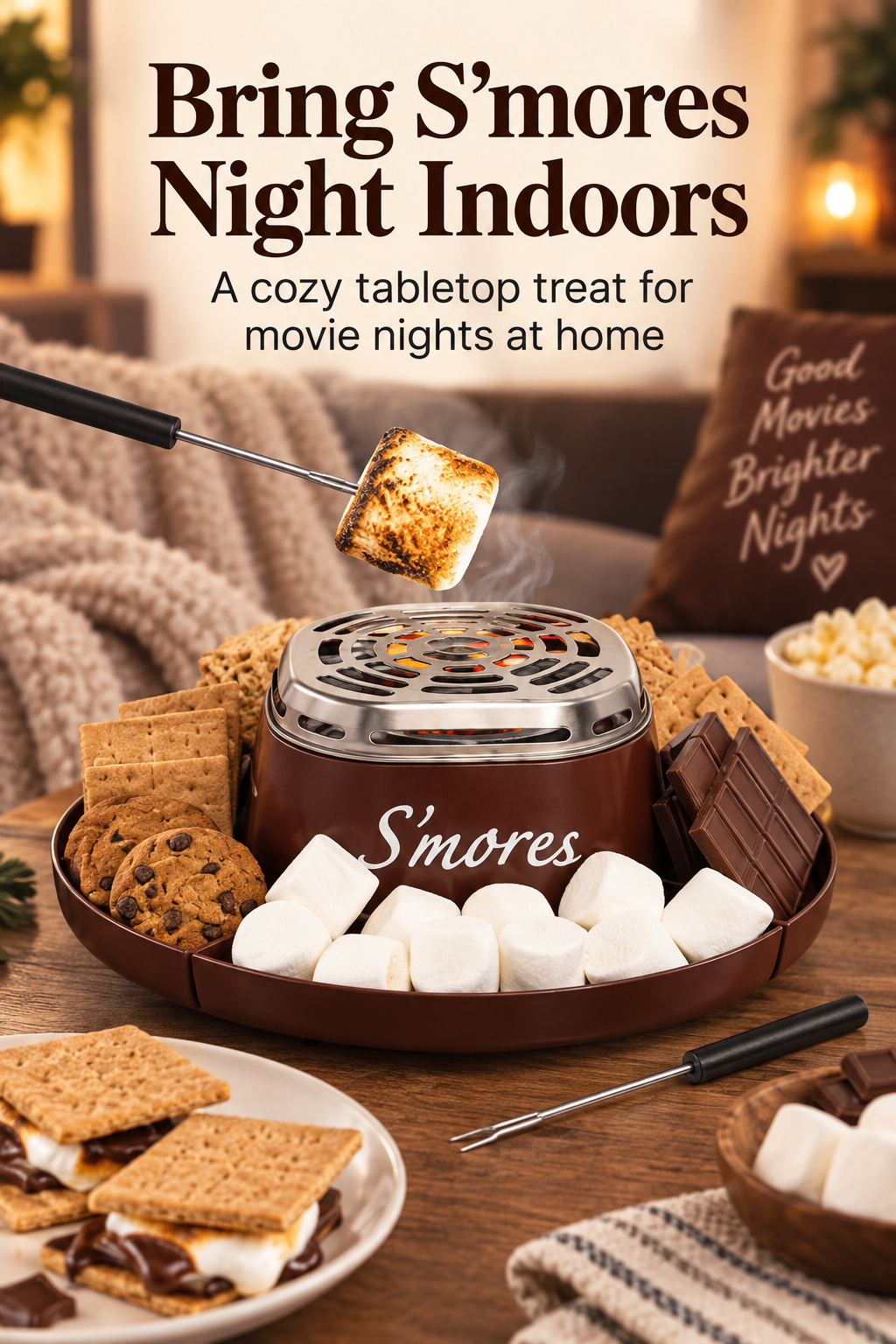 Vertical Pinterest image showing a brown tabletop electric s’mores maker on a warm wooden table. Its round tray holds graham crackers, chocolate bars, cookies, and marshmallows around the stainless-steel heater. A roasting fork holds a toasted marshmallow above it, while finished s’mores sit on a plate in front. A blurred living room fills the background. Headline reads “Bring S’mores Night Indoors,” with the support line “A cozy tabletop treat for movie nights at home.”