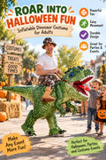 Adult wearing a green inflatable T-Rex dinosaur costume at a festive Halloween event, with headline “Roar Into Halloween Fun.”