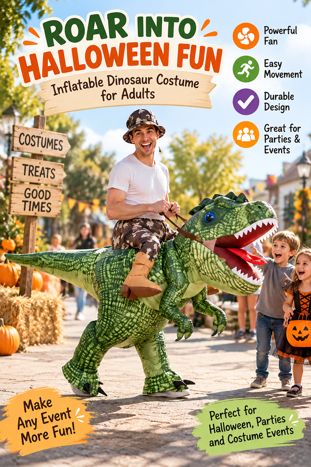 Adult wearing a green inflatable T-Rex dinosaur costume at a festive Halloween event, with headline “Roar Into Halloween Fun.”