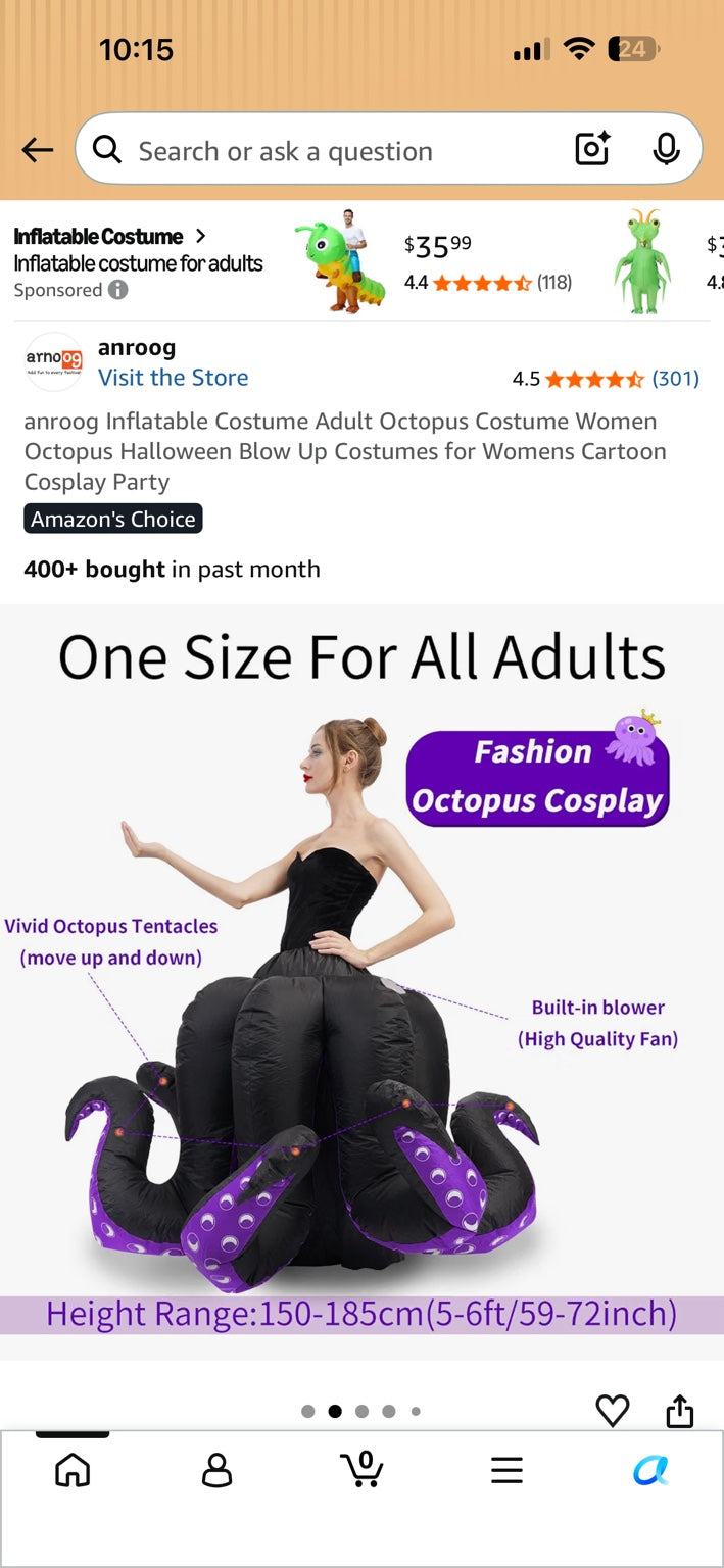 Adult wearing a black inflatable octopus costume with purple tentacle undersides.