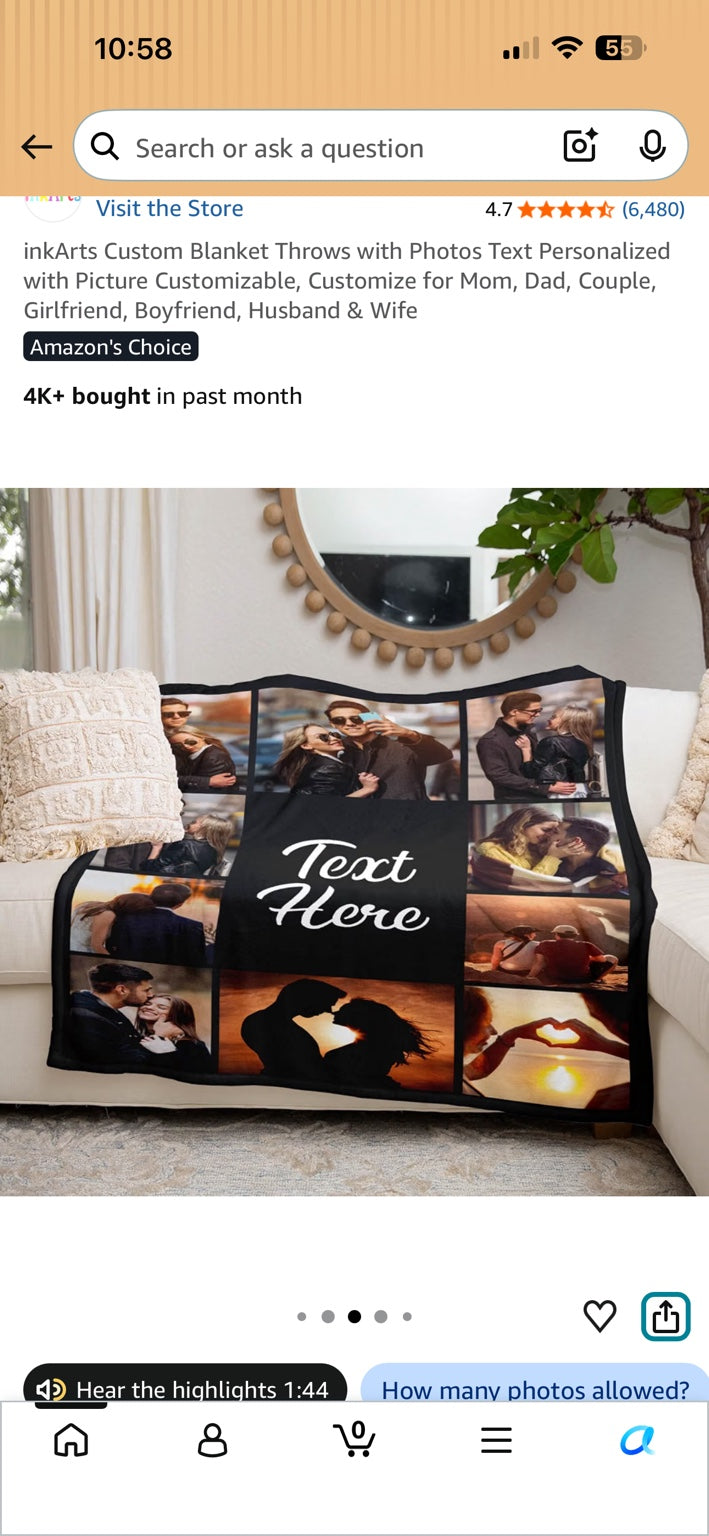 Custom photo collage blanket shown draped over a sofa.