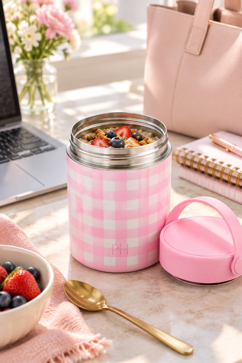 Vertical lifestyle photo of a pink-and-white gingham insulated food jar open on a light stone desk, showing a stainless-steel rim and oatmeal topped with strawberries, blueberries, and granola. The matching pink lid with a folding carry handle rests beside the jar. A laptop, blush tote bag, pink spiral notebook, gold spoon, bowl of berries, soft pink napkin, and small vase of flowers create a bright work-lunch scene in warm natural window light. No added text appears.