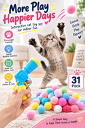 Tabby cat reaching for a colorful fuzzy ball beside a blue and yellow cat ball launcher and pom-pom balls, with headline “More Play, Happier Days.”