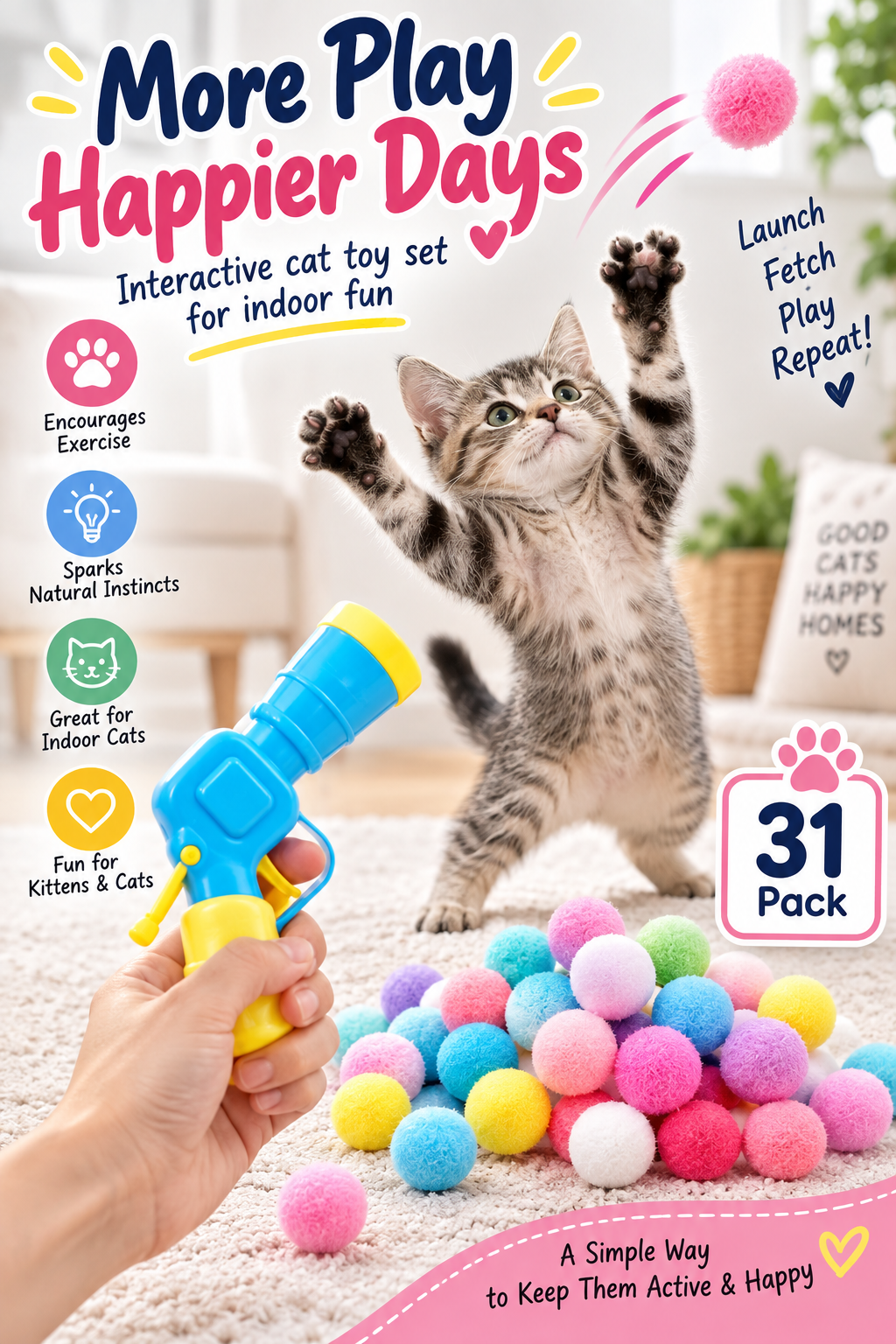 Tabby cat reaching for a colorful fuzzy ball beside a blue and yellow cat ball launcher and pom-pom balls, with headline “More Play, Happier Days.”