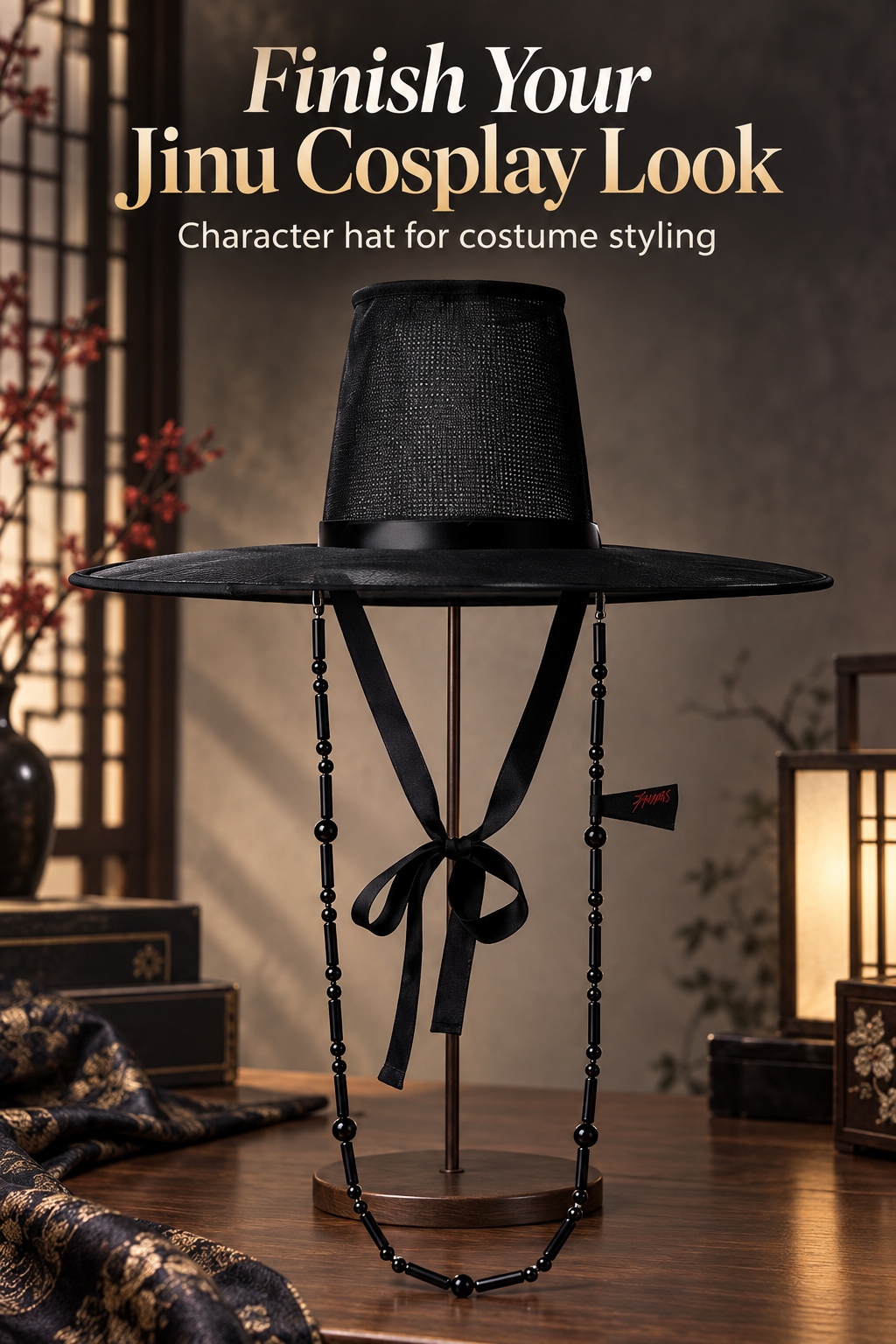 Vertical editorial promotional image featuring a black wide-brim character cosplay hat on a wooden stand. The tall mesh crown has a smooth black band, long ribbon ties knotted in a bow, and a glossy black beaded chain hanging below the brim. Warm lantern light, dark wood, patterned fabric, decorative boxes, and soft red blossoms create a moody styled setting. Large cream serif text reads “Finish Your Jinu Cosplay Look,” with smaller text: “Character hat for costume styling.”