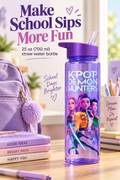 Purple character straw water bottle on a school desk with the headline “Make School Sips More Fun.”