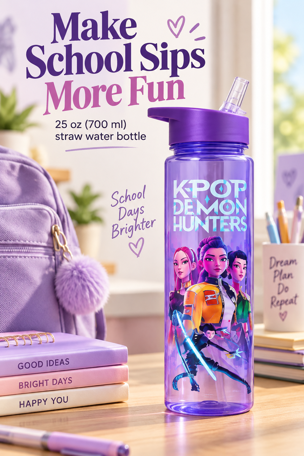 Purple character straw water bottle on a school desk with the headline “Make School Sips More Fun.”