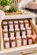 Vertical lifestyle photo of an open white kitchen drawer filled with rows of clear rectangular glass spice jars with pale pink screw-top lids and white labels outlined in pink. The jars hold assorted herbs, salts, peppers and ground spices, with a small pink funnel resting at the right side of the drawer. Above, a light marble counter holds fresh parsley, garlic, a basil plant and a utensil crock, while a blush pink pot sits on the stove in the softly lit background.