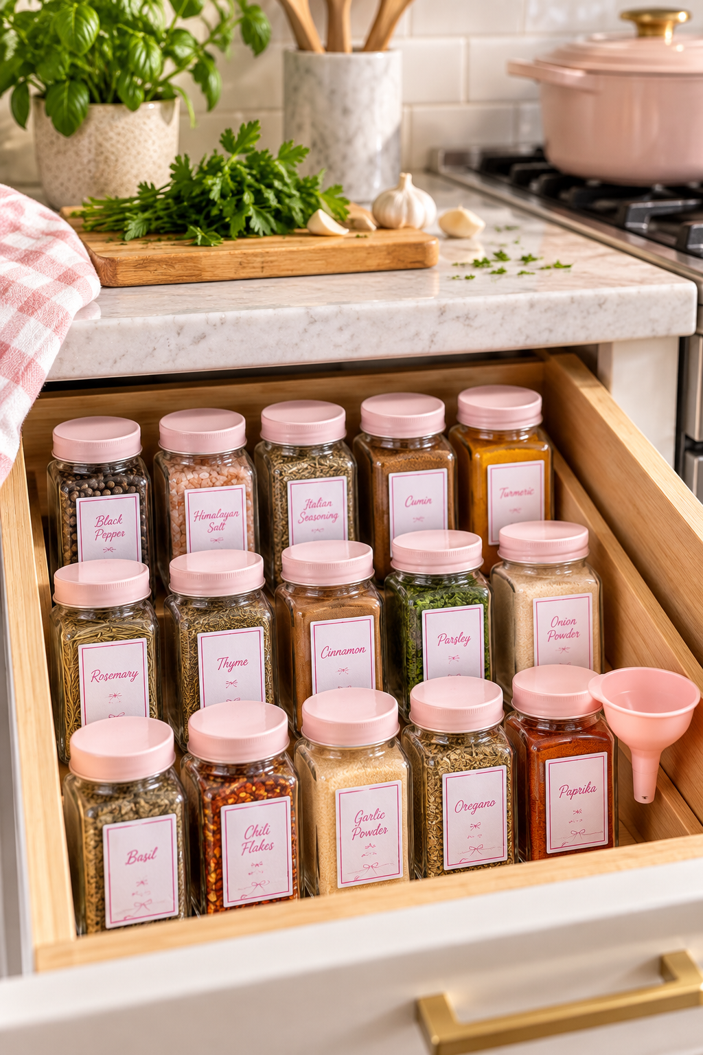 Vertical lifestyle photo of an open white kitchen drawer filled with rows of clear rectangular glass spice jars with pale pink screw-top lids and white labels outlined in pink. The jars hold assorted herbs, salts, peppers and ground spices, with a small pink funnel resting at the right side of the drawer. Above, a light marble counter holds fresh parsley, garlic, a basil plant and a utensil crock, while a blush pink pot sits on the stove in the softly lit background.