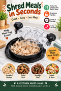 Black meat shredder with clear handled lid filled with shredded chicken in a bright kitchen, with headline “Shred Meals in Seconds.”