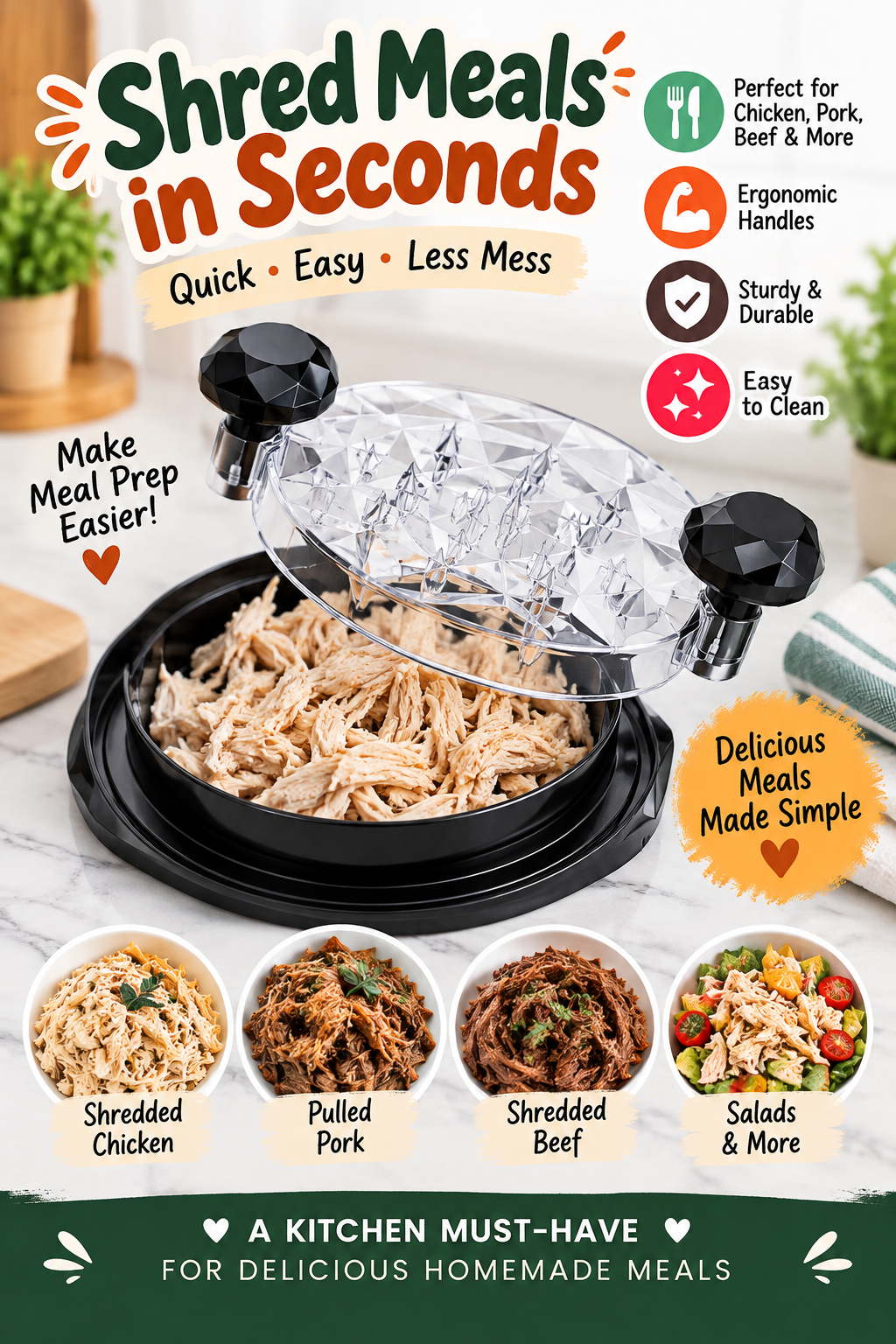 Black meat shredder with clear handled lid filled with shredded chicken in a bright kitchen, with headline “Shred Meals in Seconds.”