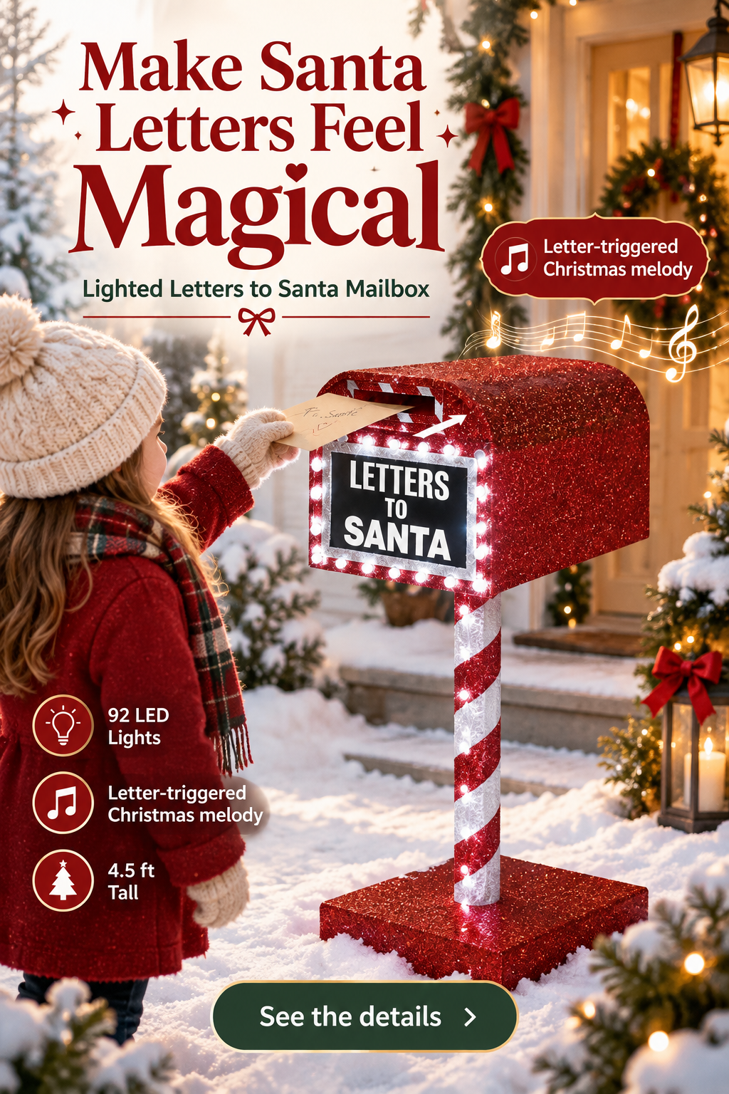 Child placing a letter into a lighted red Letters to Santa mailbox on a snowy Christmas porch, with headline “Make Santa Letters Feel Magical.”