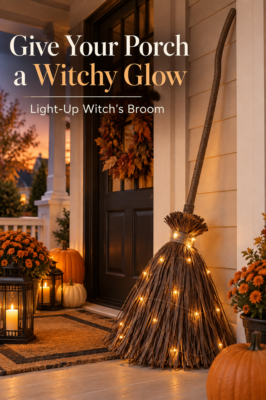 Rustic light-up witch’s broom glowing with warm lights on a fall porch beneath the headline “Give Your Porch a Witchy Glow.”