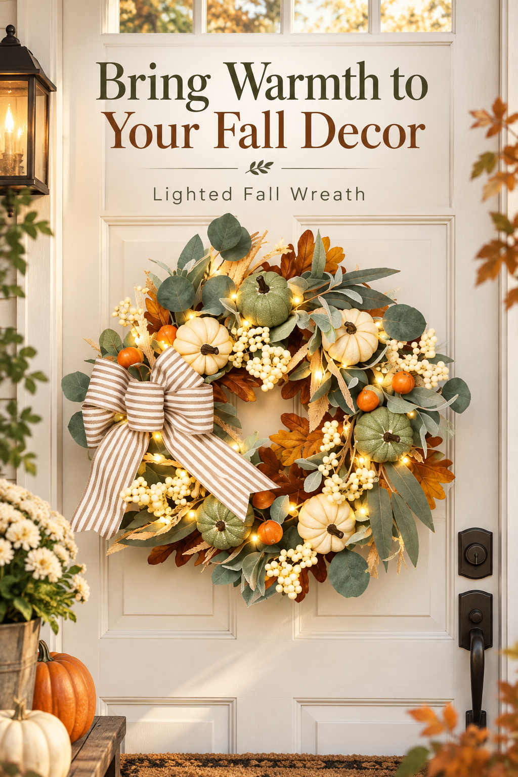 Lighted fall wreath with white and green pumpkins, autumn leaves, striped bow and warm lights on a cream front door; headline reads Bring Warmth to Your Fall Decor.