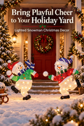 Two glowing snowmen in a snowy Christmas porch scene with the headline Bring Playful Cheer to Your Holiday Yard.