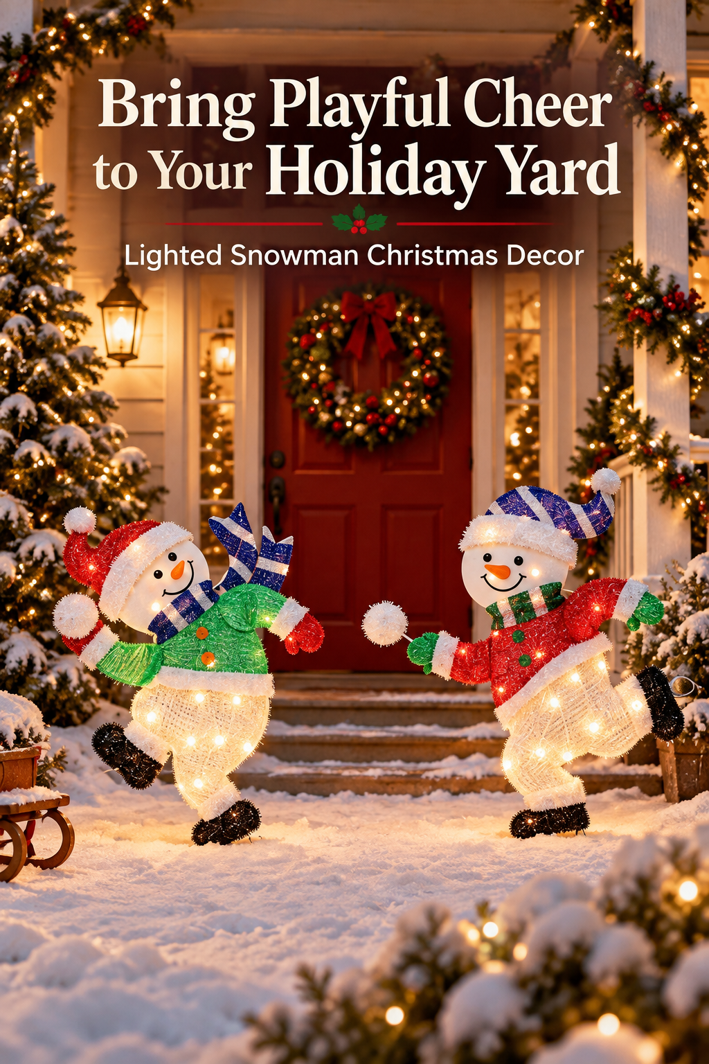 Two glowing snowmen in a snowy Christmas porch scene with the headline Bring Playful Cheer to Your Holiday Yard.