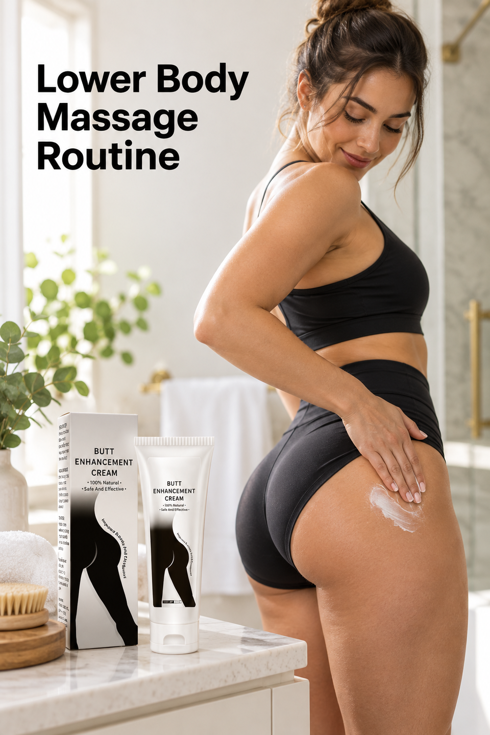 Vertical lifestyle photo in a bright spa-style bathroom showing an adult woman in black athletic wear applying a small amount of white cream to the outer hip and upper thigh area. On the marble vanity beside her are the matching white-and-black “BUTT ENHANCEMENT CREAM” tube and box, a folded white towel, a wooden body brush, and leafy greenery. Warm natural light fills the neutral beige setting. Large black headline text at the upper left reads “Lower Body Massage Routine.”
