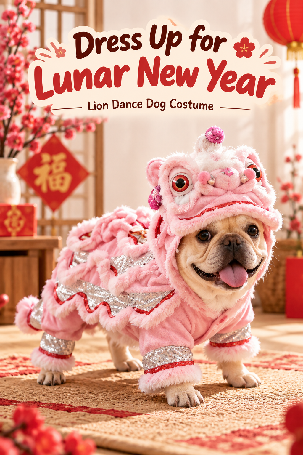 Dog wearing a pink lion dance costume in a festive Lunar New Year setting with the headline Dress Up for Lunar New Year.