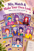 Vertical Pinterest-style flat lay showing eight colorful make-a-face sticker sheets across a light wood desk. Each sheet features a faceless cartoon character surrounded by mix-and-match eyes, mouths, sunglasses, hats, drinks, game controllers and small accessories. Purple and pink stationery, pencils, notebooks, loose sticker pieces and leafy plants frame the scene. Large headline text reads “Mix, Match & Make Your Own Look,” with “Make-a-face sticker activity” below.