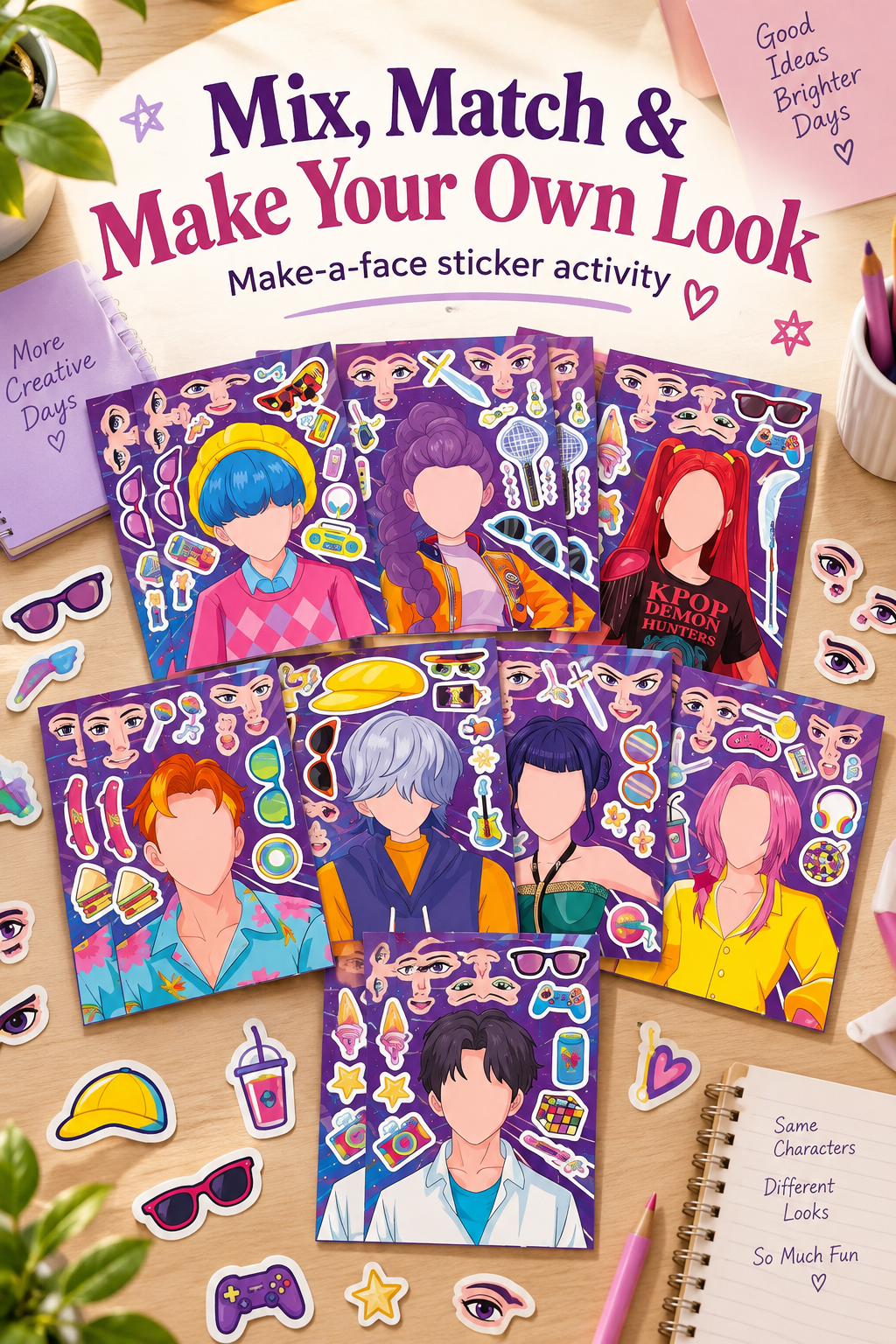 Vertical Pinterest-style flat lay showing eight colorful make-a-face sticker sheets across a light wood desk. Each sheet features a faceless cartoon character surrounded by mix-and-match eyes, mouths, sunglasses, hats, drinks, game controllers and small accessories. Purple and pink stationery, pencils, notebooks, loose sticker pieces and leafy plants frame the scene. Large headline text reads “Mix, Match & Make Your Own Look,” with “Make-a-face sticker activity” below.