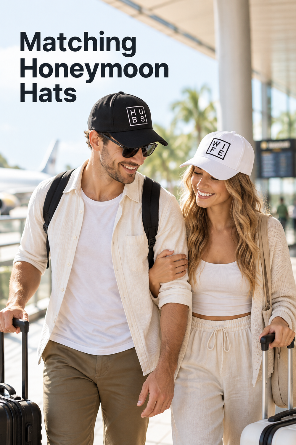 Vertical lifestyle photo of a newlywed couple walking through a bright airport with rolling luggage. The man wears a black baseball cap with a white square patch reading H U over B S, while the woman wears a white cap with a black square patch reading W I over F E. They smile at each other in light travel clothes beside terminal windows, palm trees, and a blurred airplane. Large charcoal headline text at the upper left reads “Matching Honeymoon Hats.”