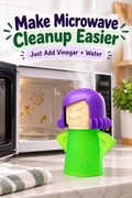 Green and purple microwave steam cleaner beside an open microwave with headline Make Microwave Cleanup Easier.