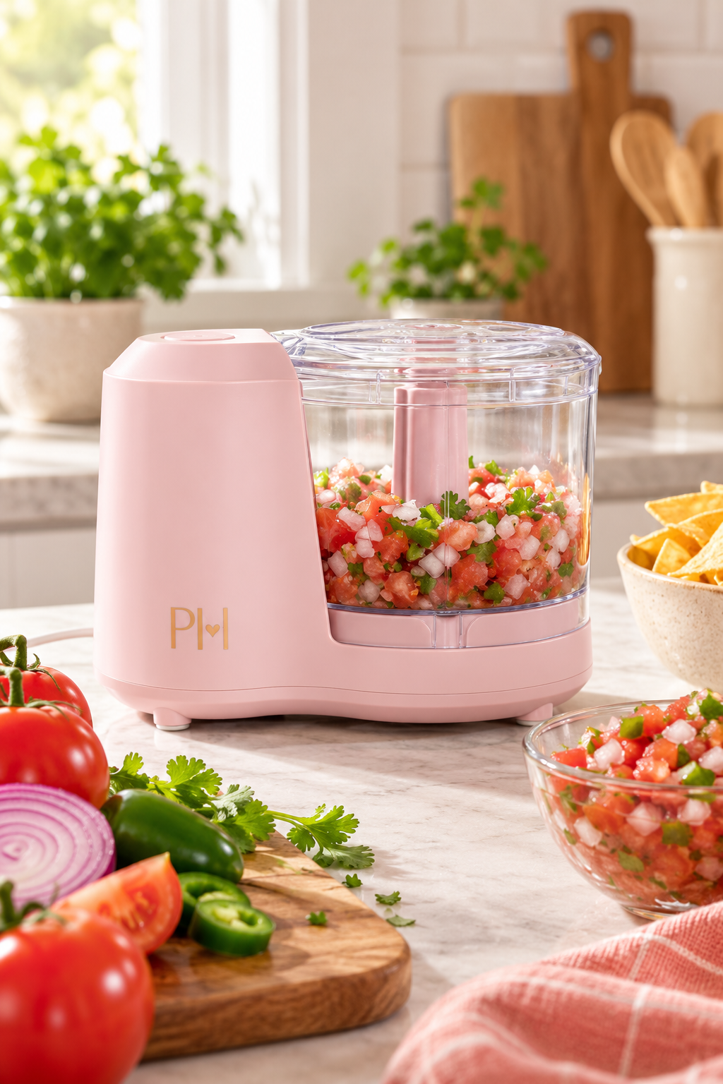 Vertical lifestyle photo of a pastel pink mini electric food chopper on a light stone kitchen counter. The clear bowl holds chopped tomato, onion, jalapeño and cilantro in a fresh salsa-style mixture. Whole tomatoes, sliced red onion, jalapeños, cilantro and a wooden cutting board sit in front, with a glass bowl of salsa and tortilla chips nearby. Soft daylight, potted herbs and wooden boards create a warm kitchen setting. A small gold PH logo is visible on the chopper.