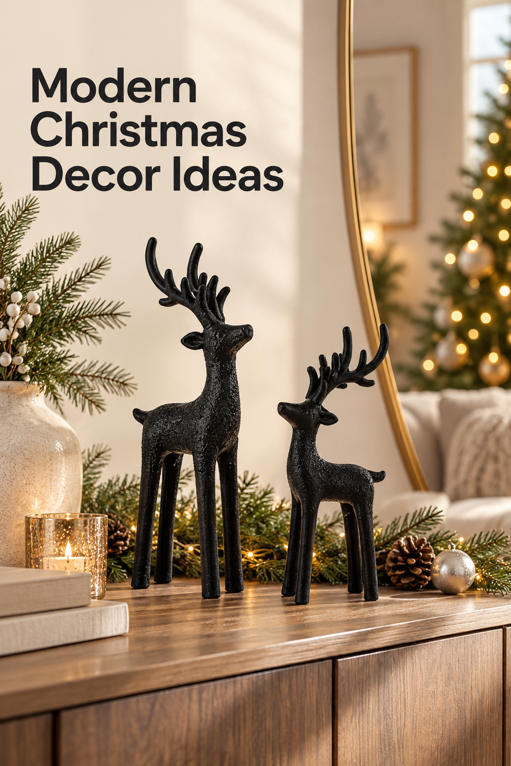 Two textured black reindeer figurines, one taller and one smaller, stand on a warm wood console styled for Christmas with evergreen garland, pinecones, stacked neutral books, a glowing candle, a cream vase with winter greenery and white berries, and a silver ornament. Behind them, a softly blurred Christmas tree glows beside a neutral sofa and tall gold-rimmed mirror. Large dark headline text at the upper left reads “Modern Christmas Decor Ideas.”