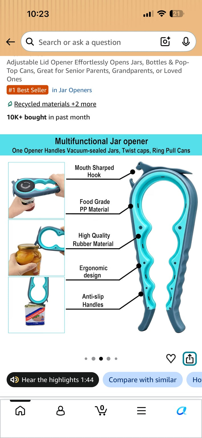 Multifunctional blue and grey jar opener with labeled grip, hook and handle features.
