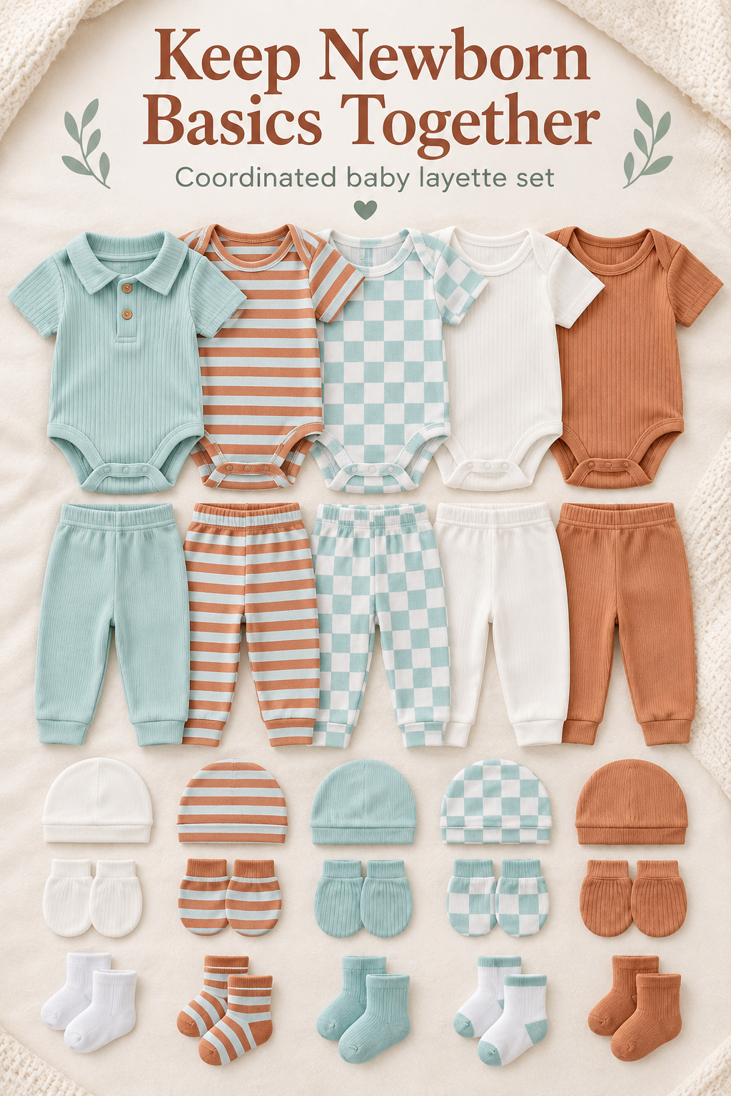 Mint, rust, cream and checkerboard newborn layette pieces arranged in a flat lay with the headline Keep Newborn Basics Together.