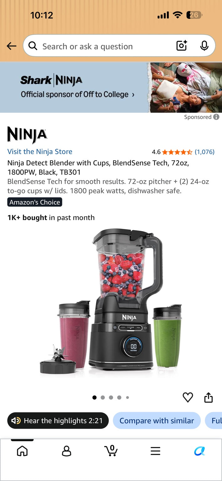 Black countertop blender with 72-ounce pitcher and two single-serve cups shown in the product listing.