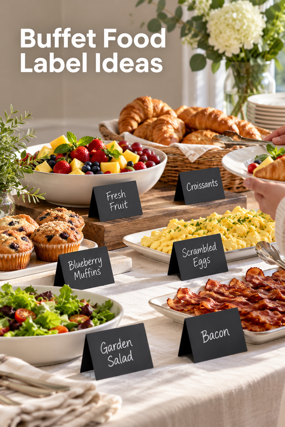 Vertical lifestyle photo of a bright brunch buffet with matte-black tent-style mini chalkboard signs labeling fresh fruit, croissants, blueberry muffins, scrambled eggs, garden salad, and bacon. White platters and bowls, a wooden riser, woven croissant basket, neutral linens, greenery, white flowers, stacked plates, and a guest serving food with tongs create a polished party-table setting. Large white headline text at the upper left reads “Buffet Food Label Ideas.”