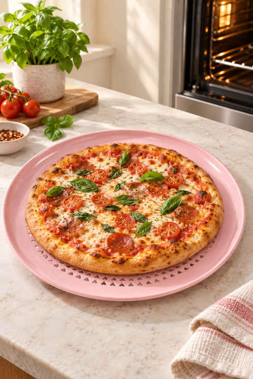 Vertical lifestyle photo of a round pastel pink pizza crisper on a light marble counter, holding a baked pizza with browned crust, melted cheese, pepperoni, cherry tomatoes, basil leaves, and herbs. Heart-shaped perforations are visible around the uncovered edge of the pan. In the softly lit background are an open oven, a potted basil plant, tomatoes on a wooden board, a small bowl of red pepper flakes, loose basil leaves, and a folded pink-and-white striped kitchen towel.