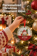 Vertical holiday photo of a child’s hand in a cream-and-red knit sleeve hanging a round snowman ornament from a lit Christmas tree. The ornament has a red ribbon, snowy gray background, greenery border and smiling snowman, with “ARTHUR 2026” across the red lower section. Red and silver baubles, berries, plaid ribbon and frosted branches surround it, with a softly glowing fireplace and stockings behind. White text at top left reads “Personalized Christmas Ornament Ideas.”
