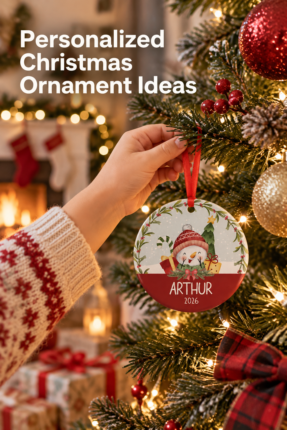 Vertical holiday photo of a child’s hand in a cream-and-red knit sleeve hanging a round snowman ornament from a lit Christmas tree. The ornament has a red ribbon, snowy gray background, greenery border and smiling snowman, with “ARTHUR 2026” across the red lower section. Red and silver baubles, berries, plaid ribbon and frosted branches surround it, with a softly glowing fireplace and stockings behind. White text at top left reads “Personalized Christmas Ornament Ideas.”